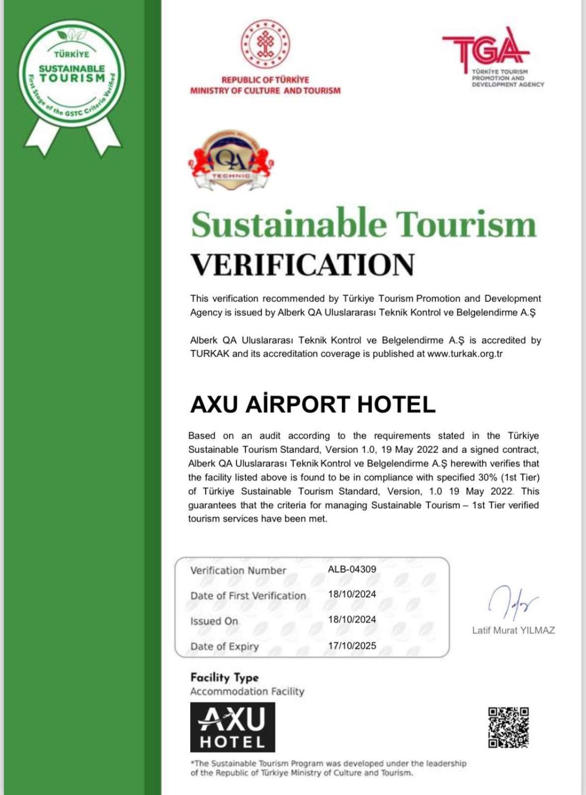 Axu Airport Hotel Arnavutkoy Extérieur photo A certificate of the TURQA